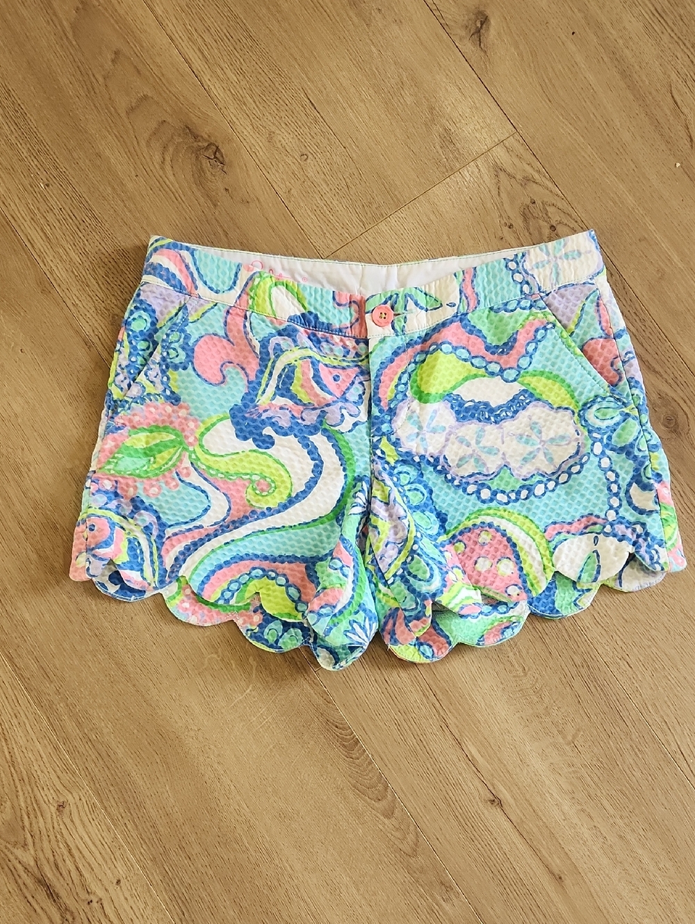 Lilly Pulitzer Pastel Paisley Scallop Hem Shorts - Blue, Pink, Green